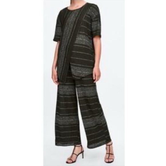 ZARA Olive Green Striped Stretch Knit Top + Pants 2 PC Suit Set - Portugal - Picture 3 of 14